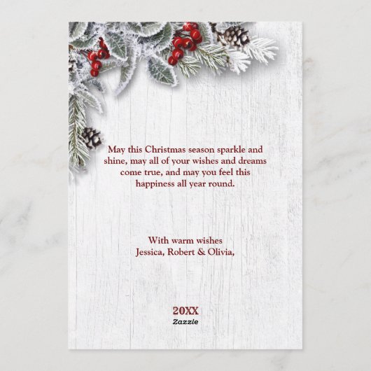 クリスマスホリー素朴パインフォトホリデーカード シーズンカード (裏面)