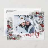 クリスマスホリー素朴パイン写真ホリディグリーティング ポストカード (正面/裏面)