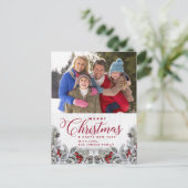 クリスマスホリー素朴パイン写真ホリディグリーティング ポストカード (スタンド正面)