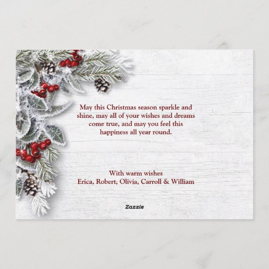クリスマスホリー素朴パイン3フォトホリデーカード シーズンカード (裏面)
