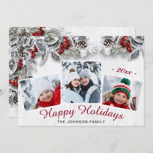 クリスマスホリー素朴パイン3フォトホリデーカード シーズンカード (正面/裏面)