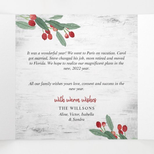 クリスマスホリー素朴樺の木バーク数々のフォト 三つ折りクリスマスカード (内部中)