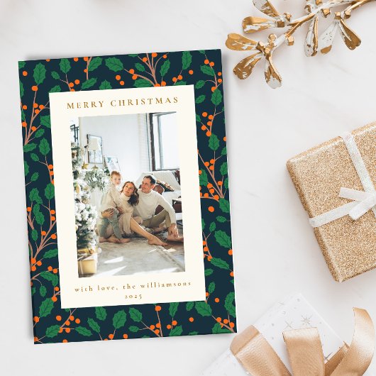 クリスマスホリー緑2枚の垂直な写真海軍 シーズンカード