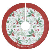 クリスマスホリー赤と白ファミリー名 ブラッシュドポリエステルツリースカート (正面)