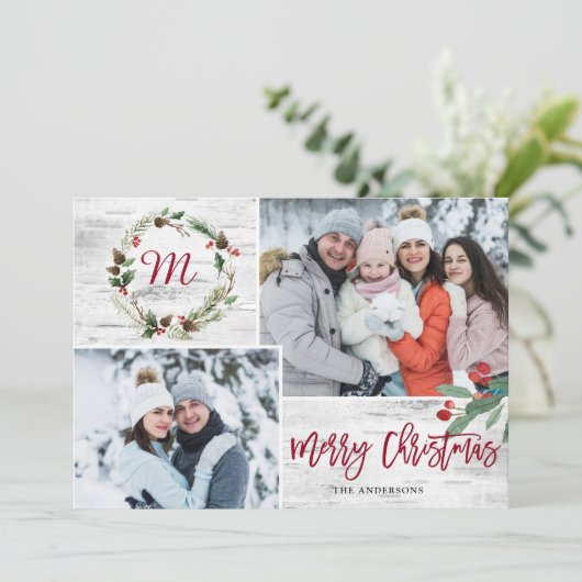 クリスマスホリー2枚の写真コラージバークホリデーカード シーズンカード (スタンド正面)