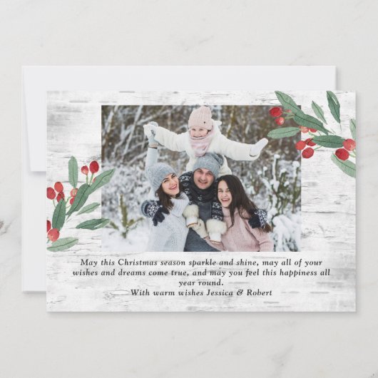 クリスマスホリー2枚の写真コラージュの樹皮 シーズンカード (裏面)
