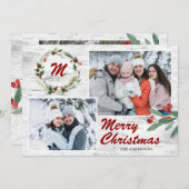 クリスマスホリー2枚の写真コラージュの樹皮 シーズンカード (正面/裏面)