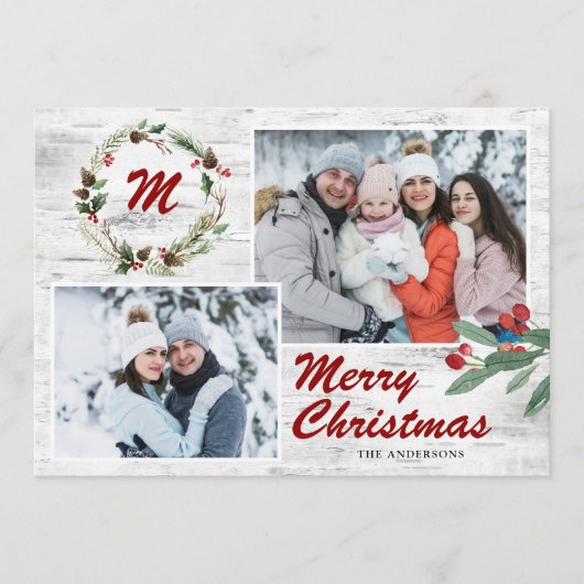 クリスマスホリー2枚の写真コラージュの樹皮 シーズンカード (正面)