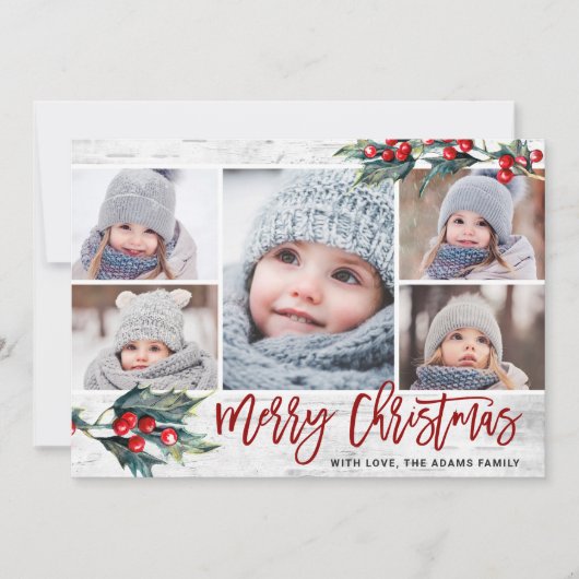 クリスマスホリー5枚の写真コラージホリデーカード シーズンカード (正面)