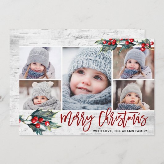 クリスマスホリー5枚の写真コラージホリデーカード シーズンカード (正面/裏面)