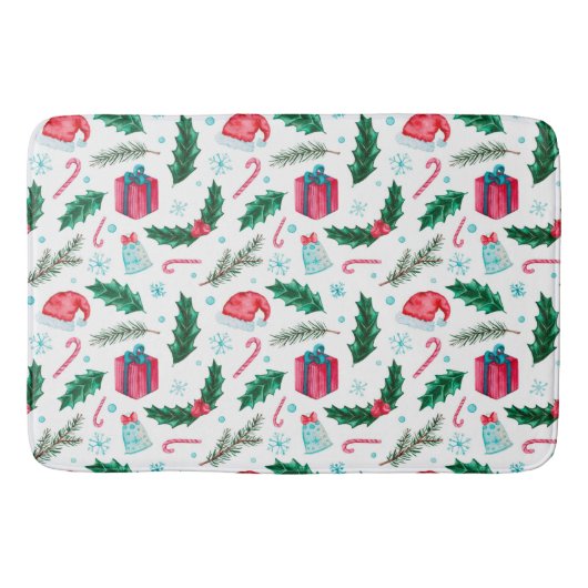 クリスマスホリー、サンタハットとキャンディーキャン バスマット (正面)