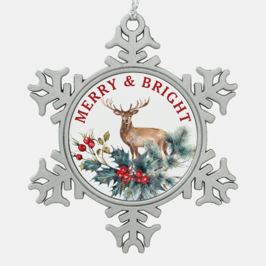 クリスマスホリー&ディアウォーターカラーイラストレーション スノーフレークピューターオーナメント (正面)