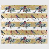 クリスマスホリー&ブルフィンチホワイト&金ゴールドストライプ ラッピングペーパー (フラット)