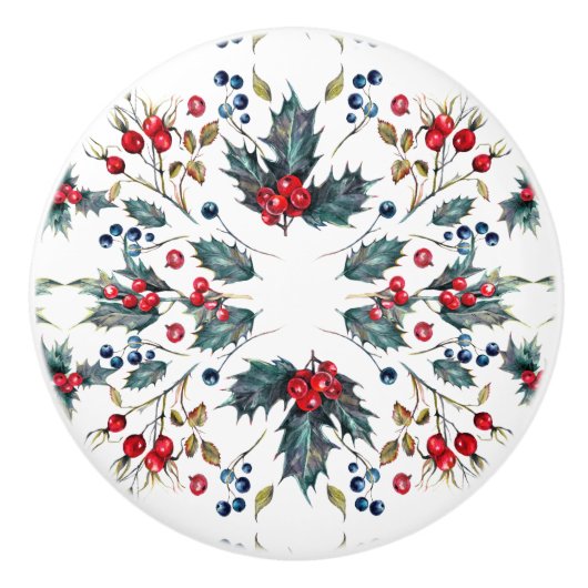 クリスマスホリー&ベリー引き出しプル セラミックノブ (正面)