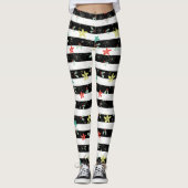 クリスマスホリー&ポインセチア白黒ストライプ レギンス (正面)