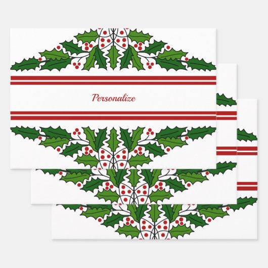 クリスマスホリー&レッドベリークリスマスズホリデー ラッピングペーパーシート (セット)