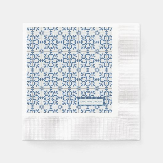 クリスマスホリ葉ーの花びらと花のタイル 縁ありカクテルナプキン (正面)