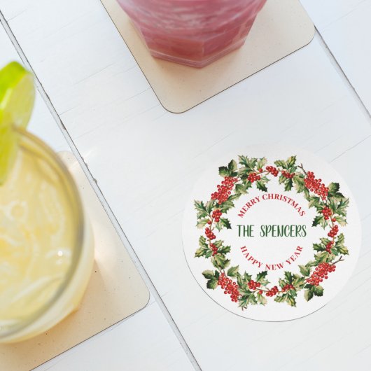 クリスマスホリ葉ーズ&ベリーメリークリスマス ラウンドペーパーコースター