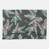 クリスマスホワイトのモミの枝とヤドリギ キッチンタオル (横)