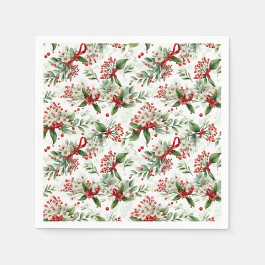 クリスマスホワイトの花と赤い果実 スタンダードカクテルナプキン (正面)