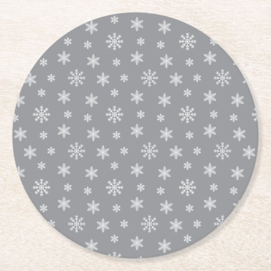 クリスマスホワイトの雪モダン片模様の灰色 ラウンドペーパーコースター (正面)