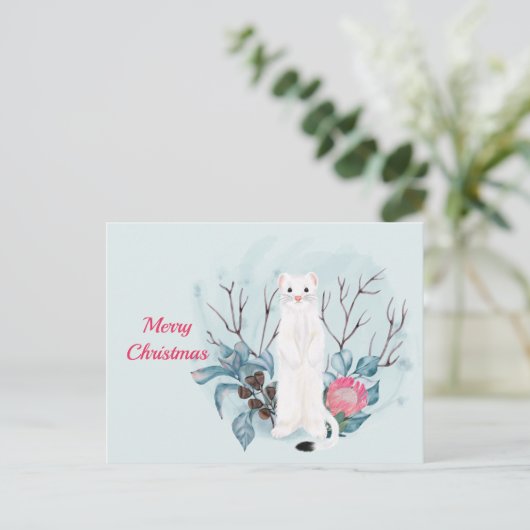 クリスマスホワイトエルミンピンクフローラ水色 シーズンポストカード (スタンド正面)