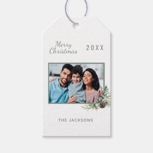 クリスマスホワイトコーンパイン写真家族 ギフトタグ (正面)