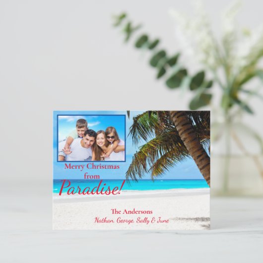 クリスマスホワイトサンドブルーウォーターパームツリー&ユア! ポストカード (スタンド正面)