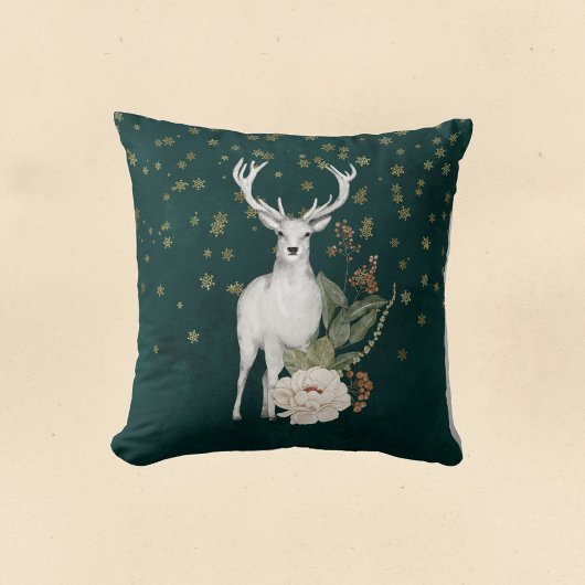 クリスマスホワイトディアーフローラ水彩 クッション