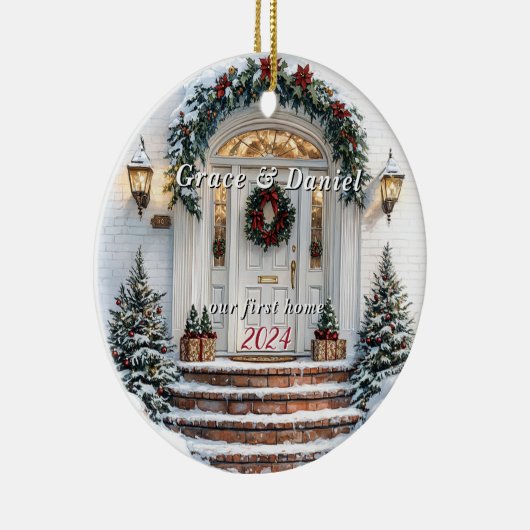 クリスマスホワイトドアリース"私たちの最初の家" セラミックオーナメント (右)