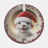 クリスマスホワイトフェレット ガラスオーナメント (正面)