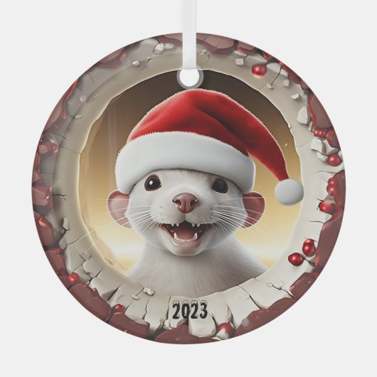 クリスマスホワイトフェレット ガラスオーナメント (正面)