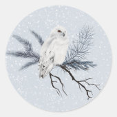 クリスマスホワイトフクロウ松の枝の水色 ラウンドシール (正面)
