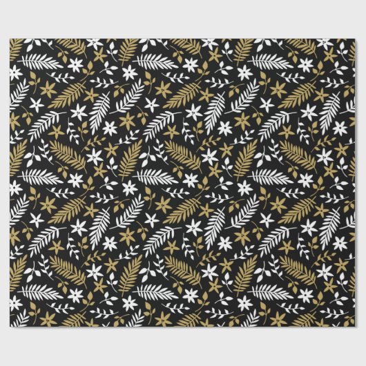 クリスマスホワイトブラック金ゴールド植物模様 ラッピングペーパー (フラット)