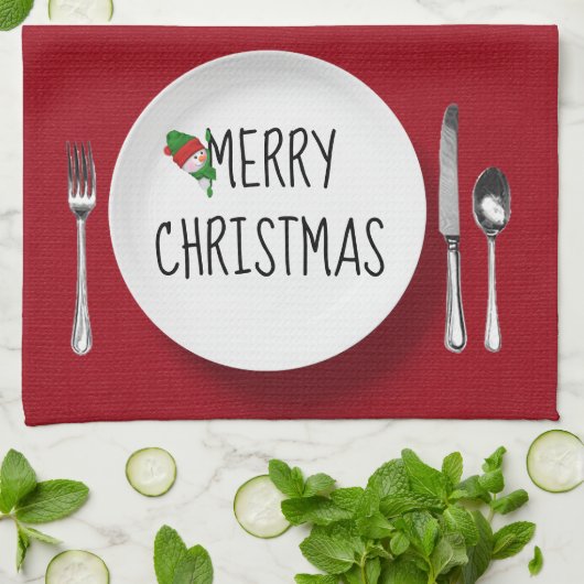 クリスマスホワイトプレートとシルバーウェアキッチンタオル キッチンタオル (折り畳み)