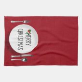 クリスマスホワイトプレートとシルバーウェアキッチンタオル キッチンタオル (横)