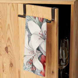 クリスマスホワイトレッドフラワーホリデーエレガント キッチンタオル