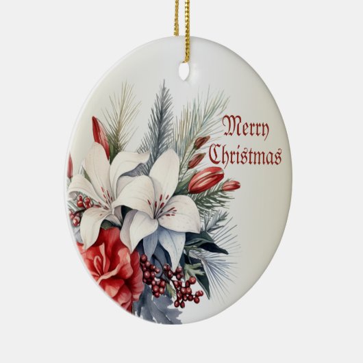 クリスマスホワイトレッドフラワーホリデーエレガント セラミックオーナメント (右)