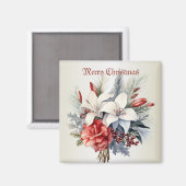 クリスマスホワイトレッドフラワーホリデーエレガント マグネット (正面/裏面)