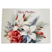 クリスマスホワイトレッドフラワーホリデーエレガント ラージペーパーバッグ (正面)