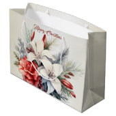 クリスマスホワイトレッドフラワーホリデーエレガント ラージペーパーバッグ (裏面アングル)