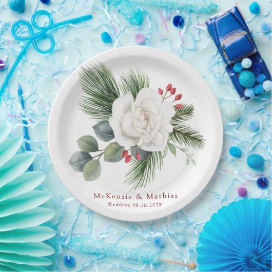 クリスマスホワイトローズとレッドベリー結婚ズパイン ペーパープレート (パーティー)