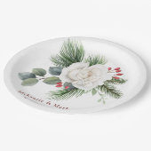 クリスマスホワイトローズとレッドベリー結婚ズパイン ペーパープレート (アングル)