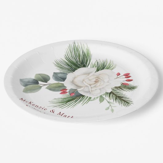クリスマスホワイトローズとレッドベリー結婚ズパイン ペーパープレート (アングル)