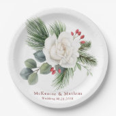 クリスマスホワイトローズとレッドベリー結婚ズパイン ペーパープレート (正面)