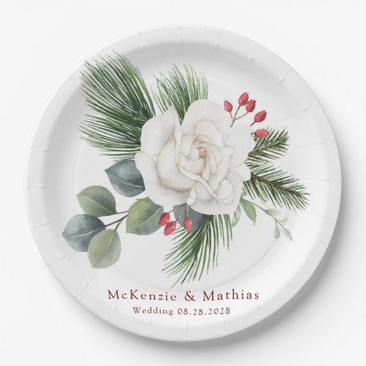 クリスマスホワイトローズとレッドベリー結婚ズパイン ペーパープレート (正面)