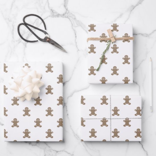 クリスマスホワイト金ゴールドかわいいジンジャーブレッドマンパターン ラッピングペーパーシート (正面)