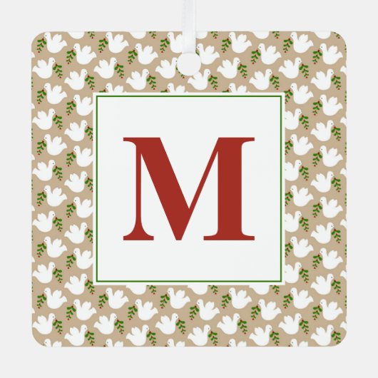 クリスマスホワイト鳩イニシャル平和ラブジョイ メタルオーナメント (正面)