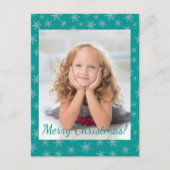 クリスマスホワイト&アクアスノーフレークonティール（緑がかった色）写真 シーズンポストカード (正面)