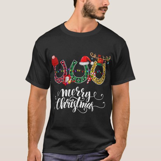 クリスマスホースシュー馬好きレオパードプレイド Tシャツ (正面)
